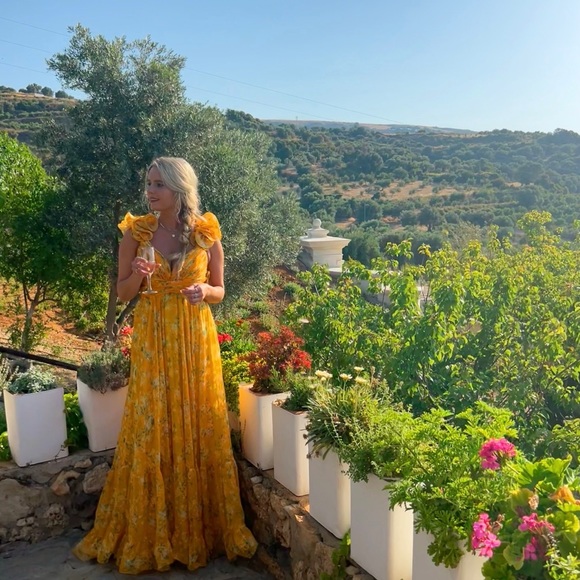 Mac Duggal | Dresses | Mac Duggal Yellow Ruffle Tiered Floral Cutout  Chiffon Gown Size 6 | Poshmark